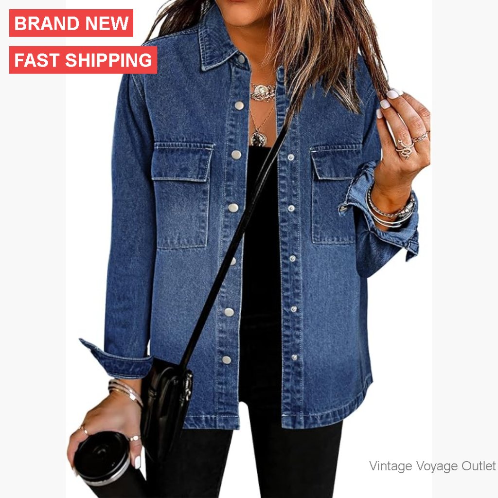 Oversized Denim Jacket Shacket With Pockets Button Down Western Style